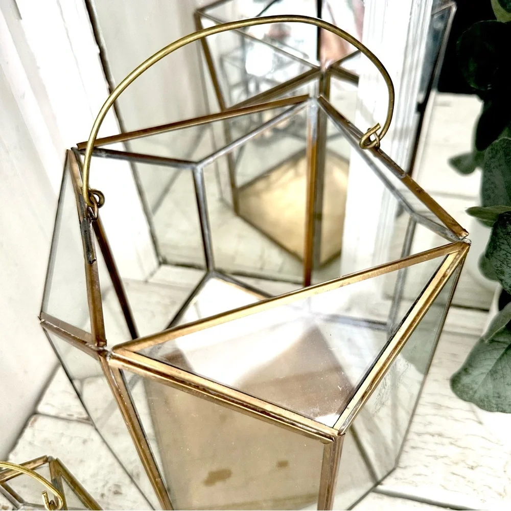 Brass & Glass Terrarium Candleholder Pair Lanterns Geometric Bohemian Decor